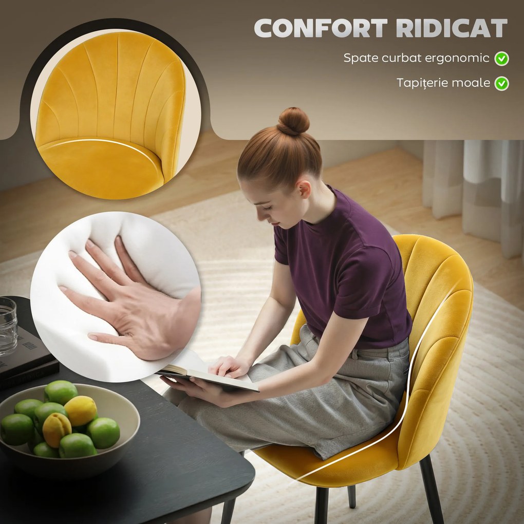 HOMCOM Set 2 Scaune pentru Sufragerie din Catifea, Scaune de Bucătărie cu Spătar Curbat în Formă de Scoică, Picioare din Oțel, Stil Nordic, Scaun Tapițat pentru Bucătărie, Dormitor, Living, Galben | Aosom Romania