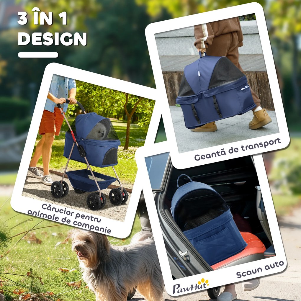PawHut Cărucior pentru Animale de Companie 3 în 1 cu 4 Roți și Geantă de Transport Detașabilă, 76x50x102 cm, Albastru | Aosom Romania