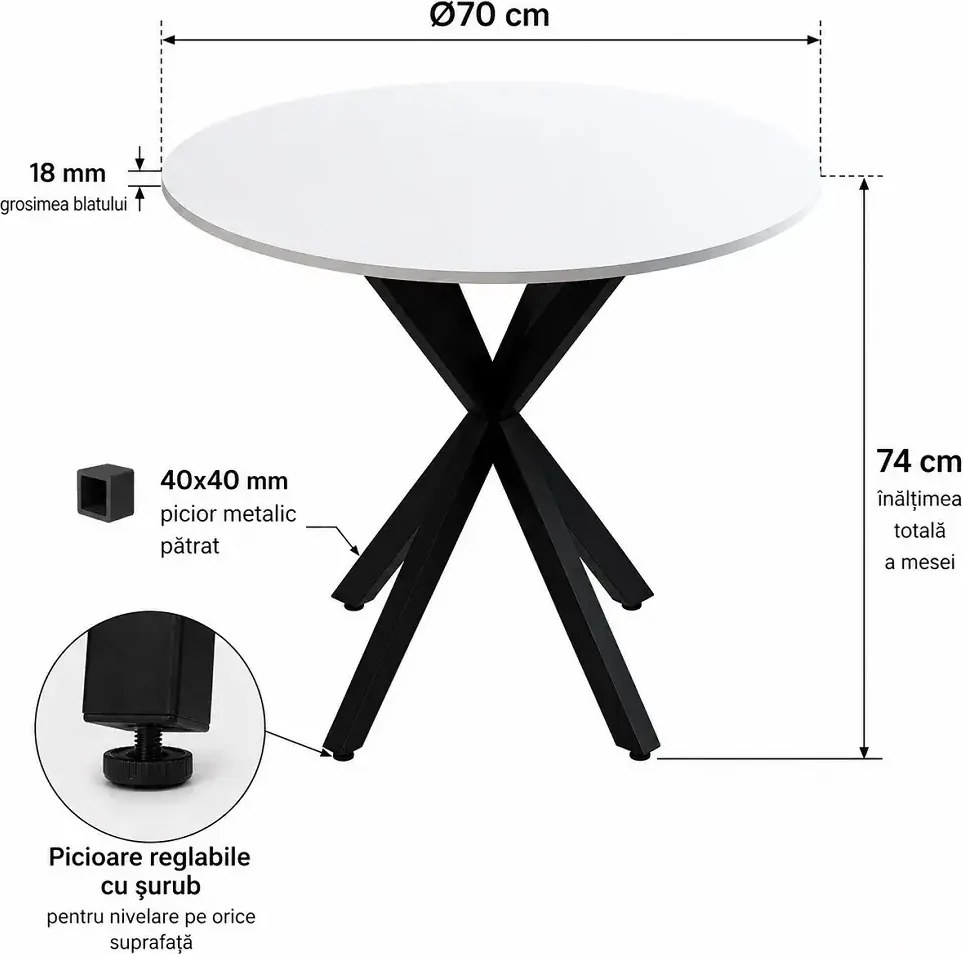 Set masă cu 2 scaune Asterix rotund negru-alb