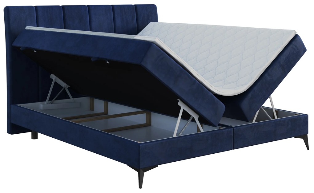 Pat matrimonial Boxspring 160 cm Axel (Albastru închis) (cu saltea și sp. depozitare). 1043347