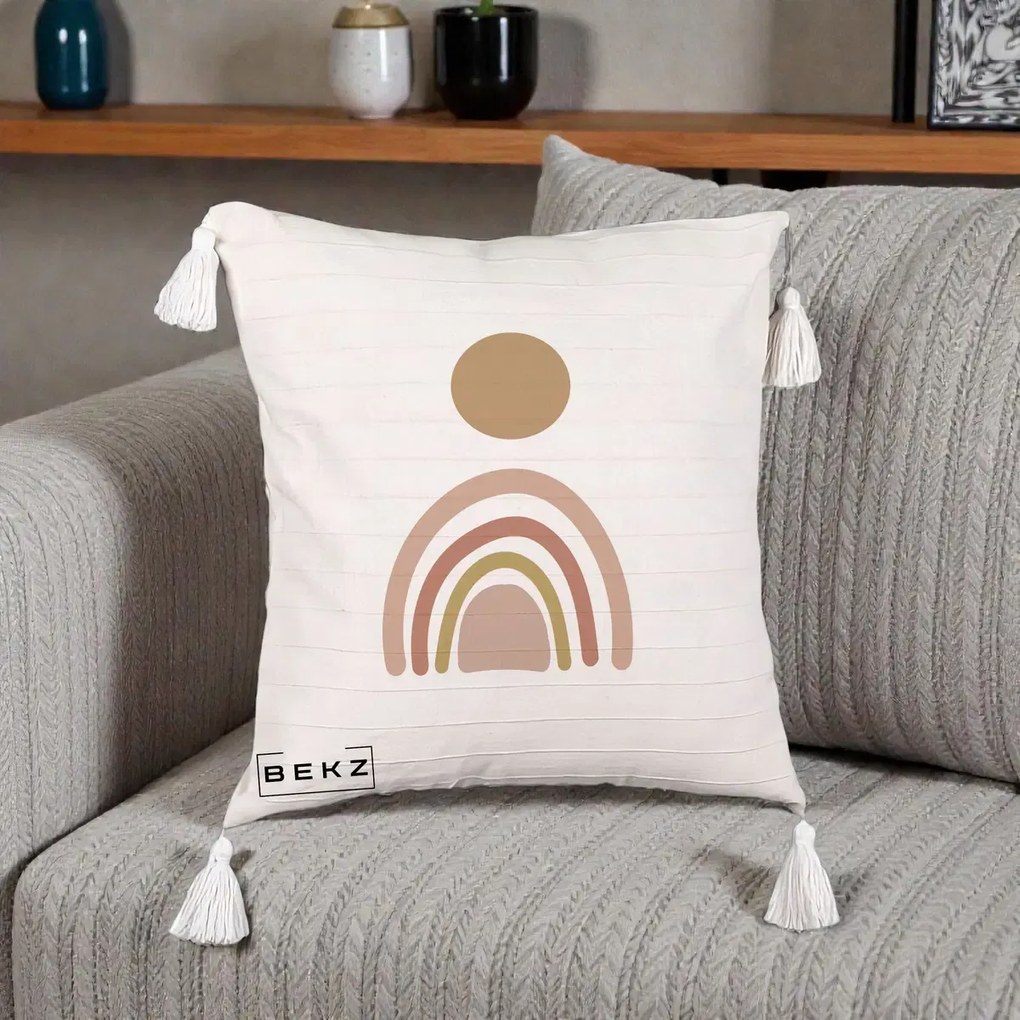 Perna Decorativa Boho Rainbow Sun, 40x40 cm, Bej cu Franjuri, Husa Detasabila, Perna Inclusa, BEKZ®