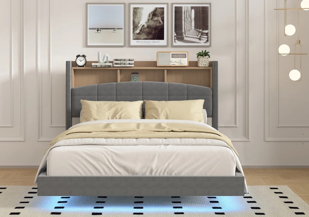 Pat C01 Tapitat Catifea 160x200cm, cu iluminare LED integrata, Gri, Saltea Ortopedica 20cm inclusa
