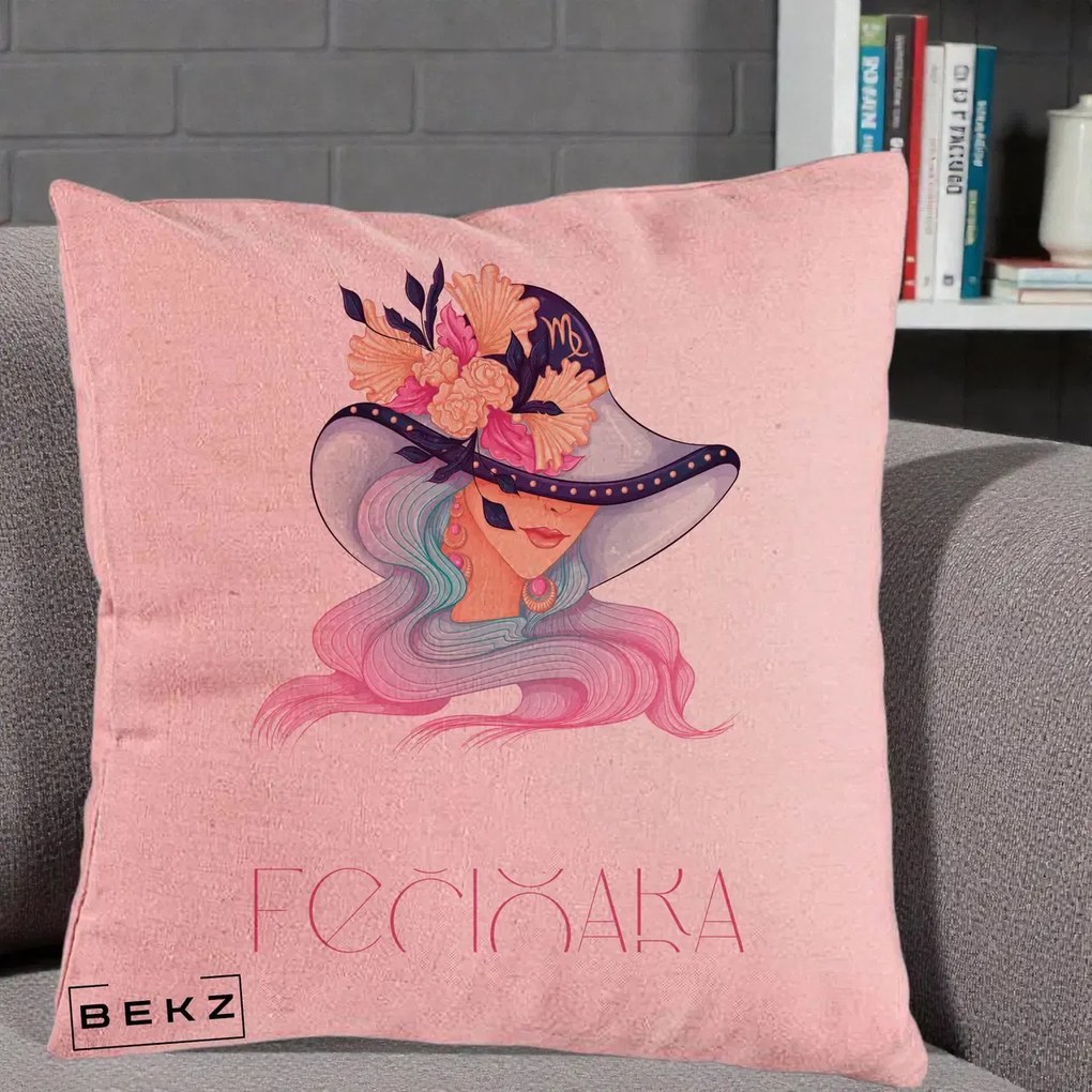 Perna Personalizata Zodie Fecioara, 40x40 cm, Roz, Husa Detasabila, Perna Inclusa, BEKZ®
