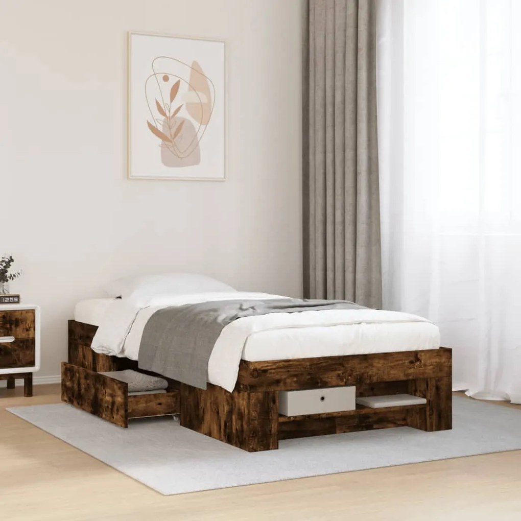 vidaXL Cadru pat fără saltea stejar fumuriu, 90x200 cm, lemn prelucrat