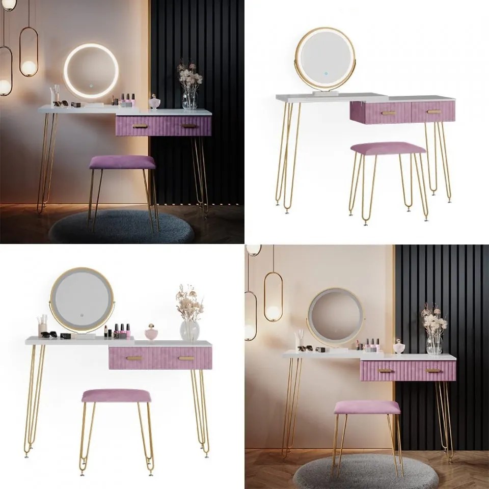 SEA394 - Set Masa toaleta, 120 cm, cosmetica machiaj, oglinda cu LED, masuta vanity, scaun tapitat - Alb-Auriu-Roz