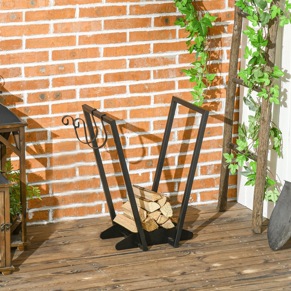 Raft pentru Lemne cu Carlige, pentru Exterior/Interior din Otel, cu Design Modern si Baza Inaltata, 45x32x58cm, Negru Outsunny | Aosom Romania