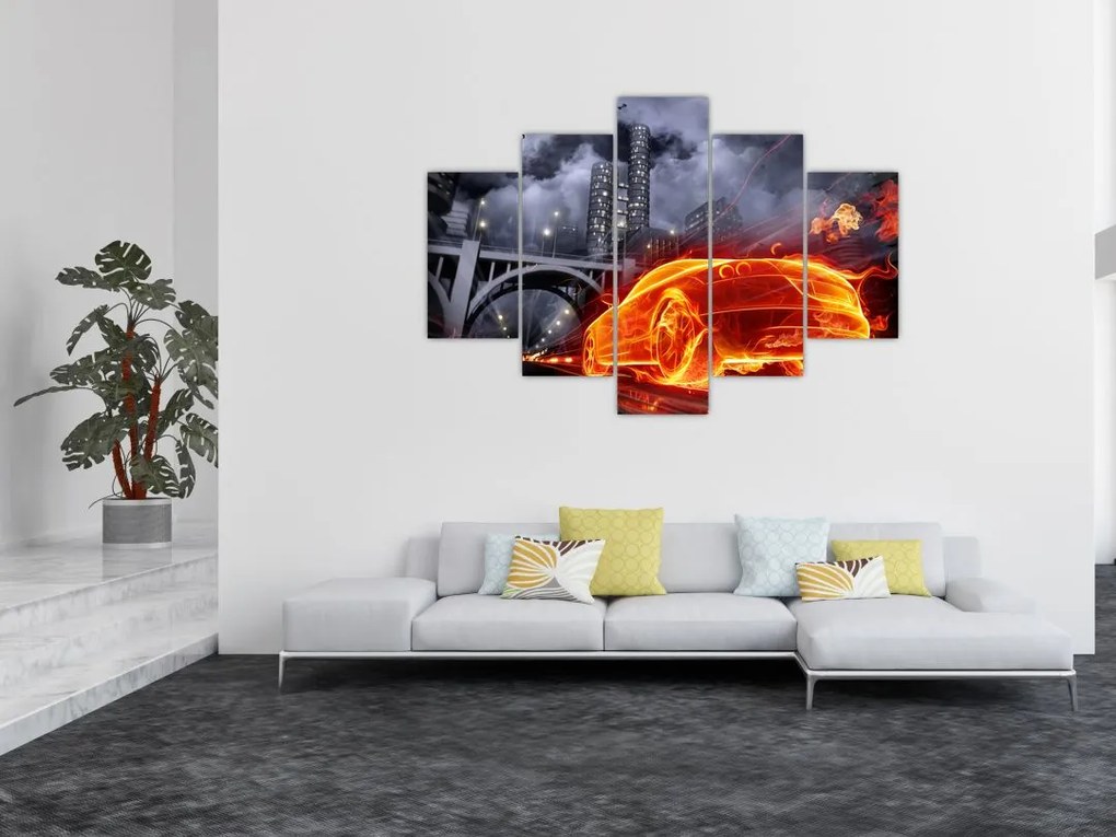 Tablou cu mașina în flăcărată (150x105 cm)