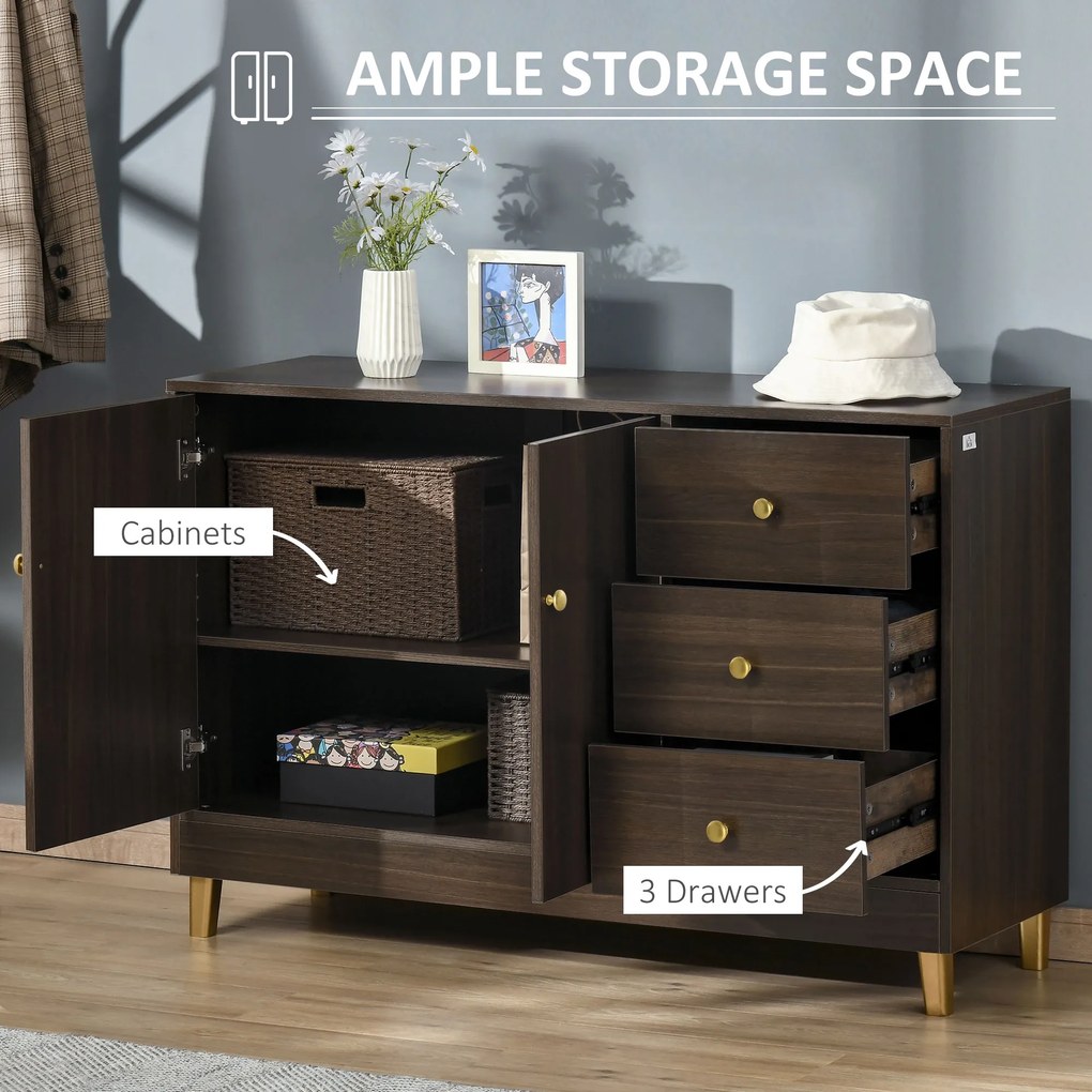 HOMCOM Bufet Modern cu 3 Sertare si Polita Interioara Reglabila din MDF, potrivita pentru orice Spatiu Interior, 120x42,5x80cm, Maro