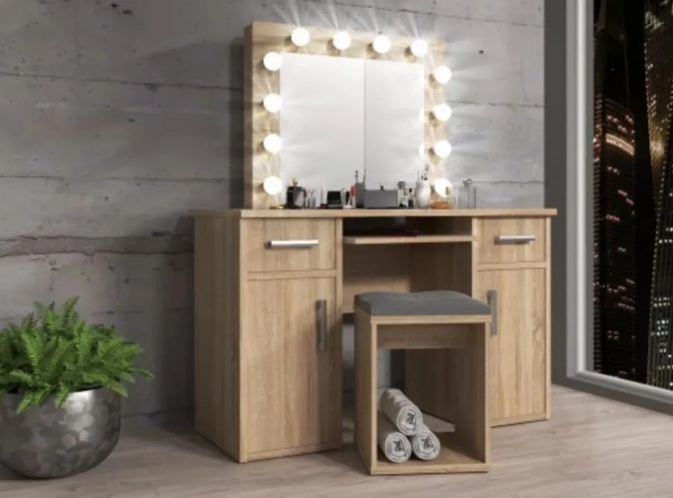 Masuta machiaj cu Oglinda LED si 2 Sertare pentru Cosmetice, Set Masa toaleta 120 cm, Alb, masuta cosmetica, vanity - SEA507