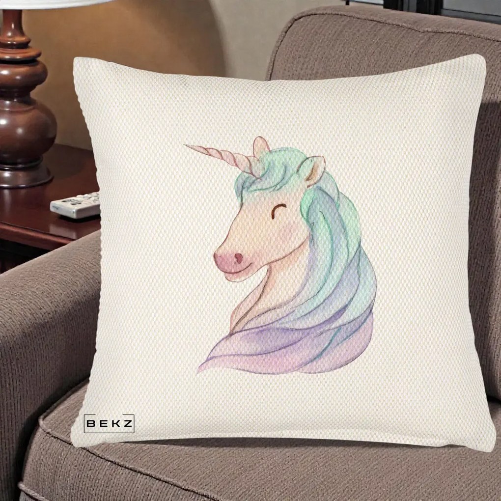 Perna Decorativa Unicorn Acuarela Pastel, 40x40 cm, Crem Reliefat, Husa Detasabila, Perna Inclusa, BEKZ®