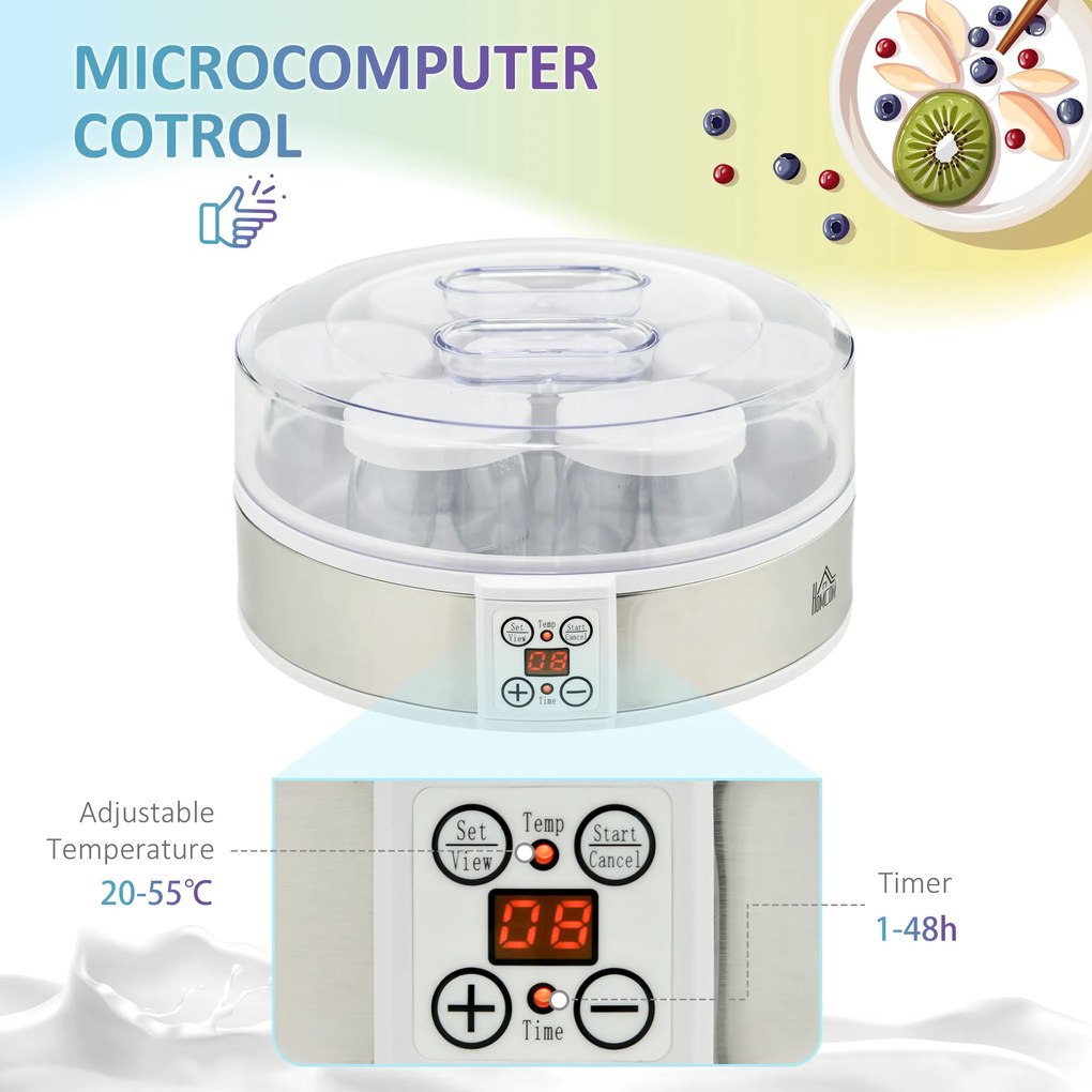 HOMCOM Mașină de Făcut Iaurt cu 7 Borcane Sticlă 180ml Cronometru Termostat Ajustabil Afisaj LED Deserturi Casnice | Aosom Romania