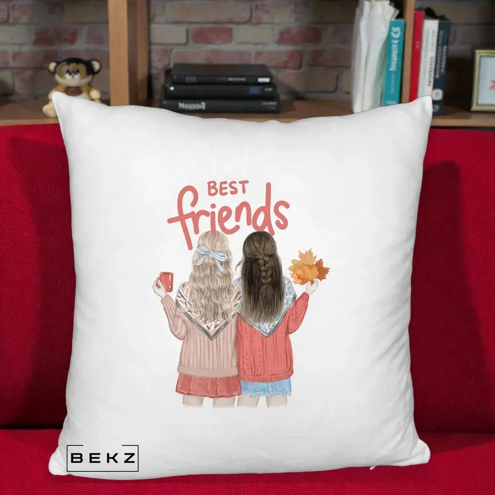 Cadou pentru Prieteni - Perna Personalizata Best Friends Toamna, 40x40 cm, Alb Pufos, Husa Detasabila, Perna Inclusa, BEKZ®