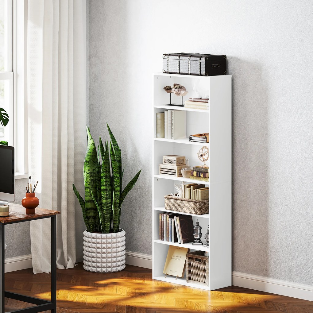 HOMCOM Bibliotecă raft de depozitare 6 niveluri cu polițe reglabile pentru living, dormitor, birou, 60x24x158,5cm, alb | Aosom Romania