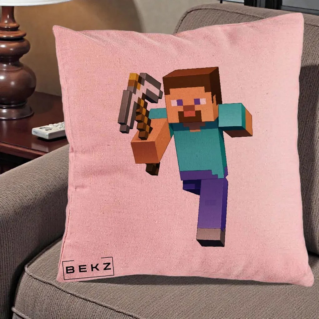 Perna Personalizata Minecraft Steve, 40x40 cm, Roz, Husa Detasabila, Perna Inclusa, BEKZ®