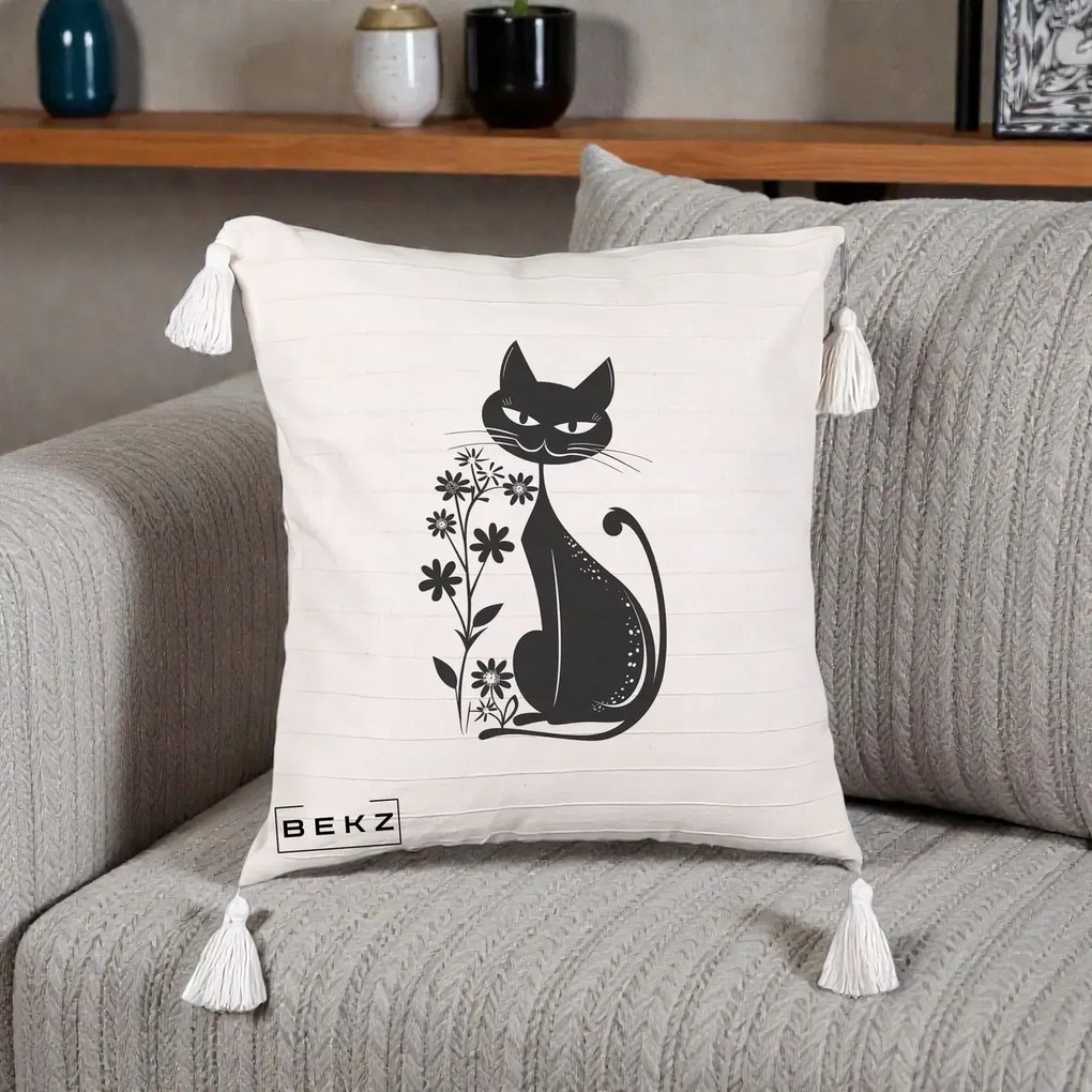 Perna Decorativa Pisica Neagra Grafica Minimalista, 40x40 cm, Bej cu Franjuri, Husa Detasabila, Perna Inclusa, BEKZ®