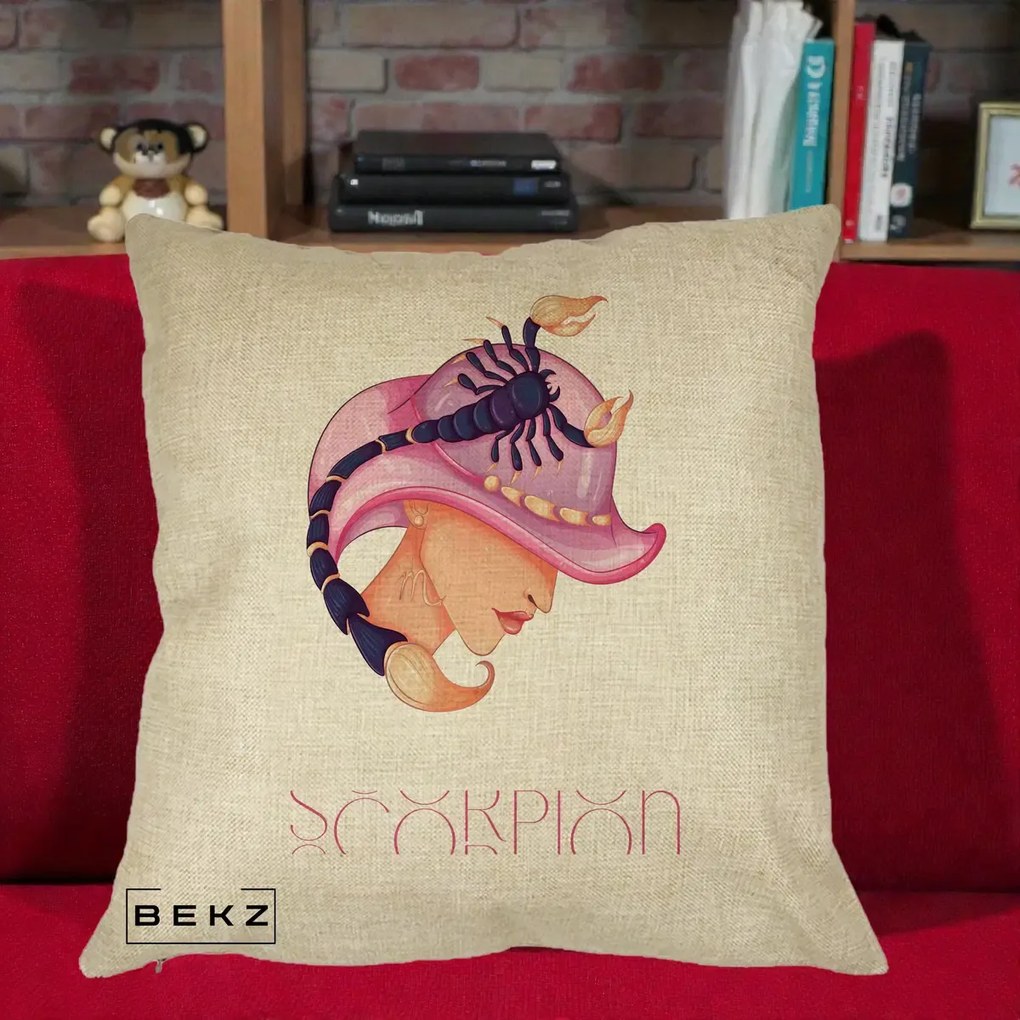 Perna Personalizata Zodiac Scorpion Cowgirl, 40x40 cm, Crem, Husa Detasabila, Perna Inclusa, BEKZ®