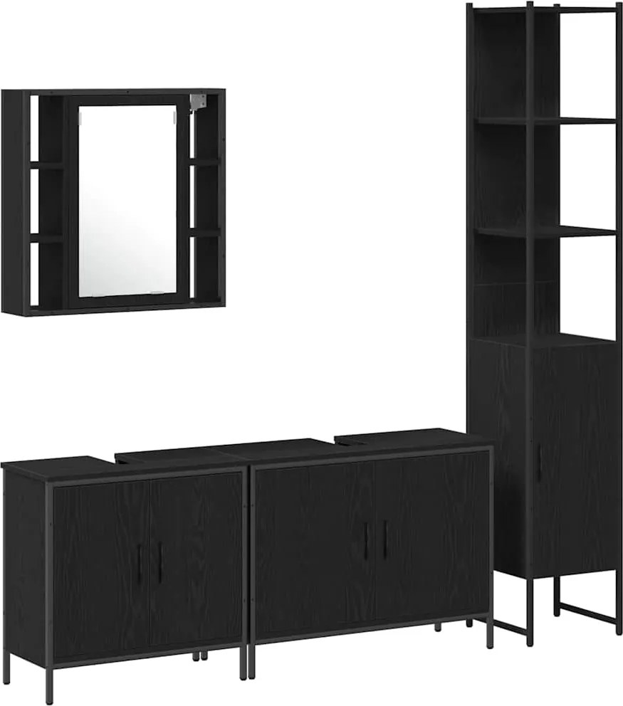 vidaXL Set de mobilier pentru baie cu raft 4 pcs Negru Lemn compozit