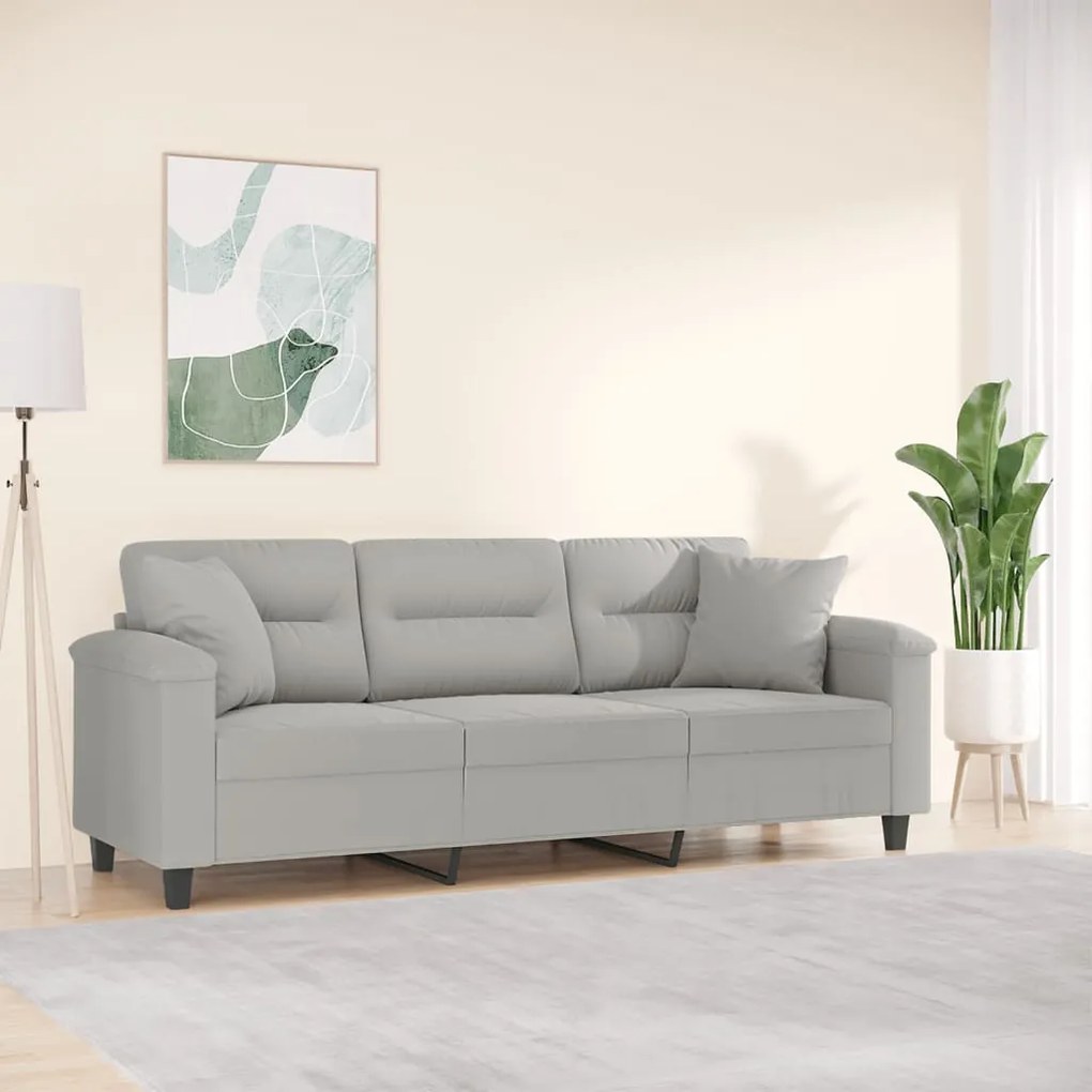 vidaXL Canapea cu 3 locuri și perne, gri deschis, 180 cm, microfibră