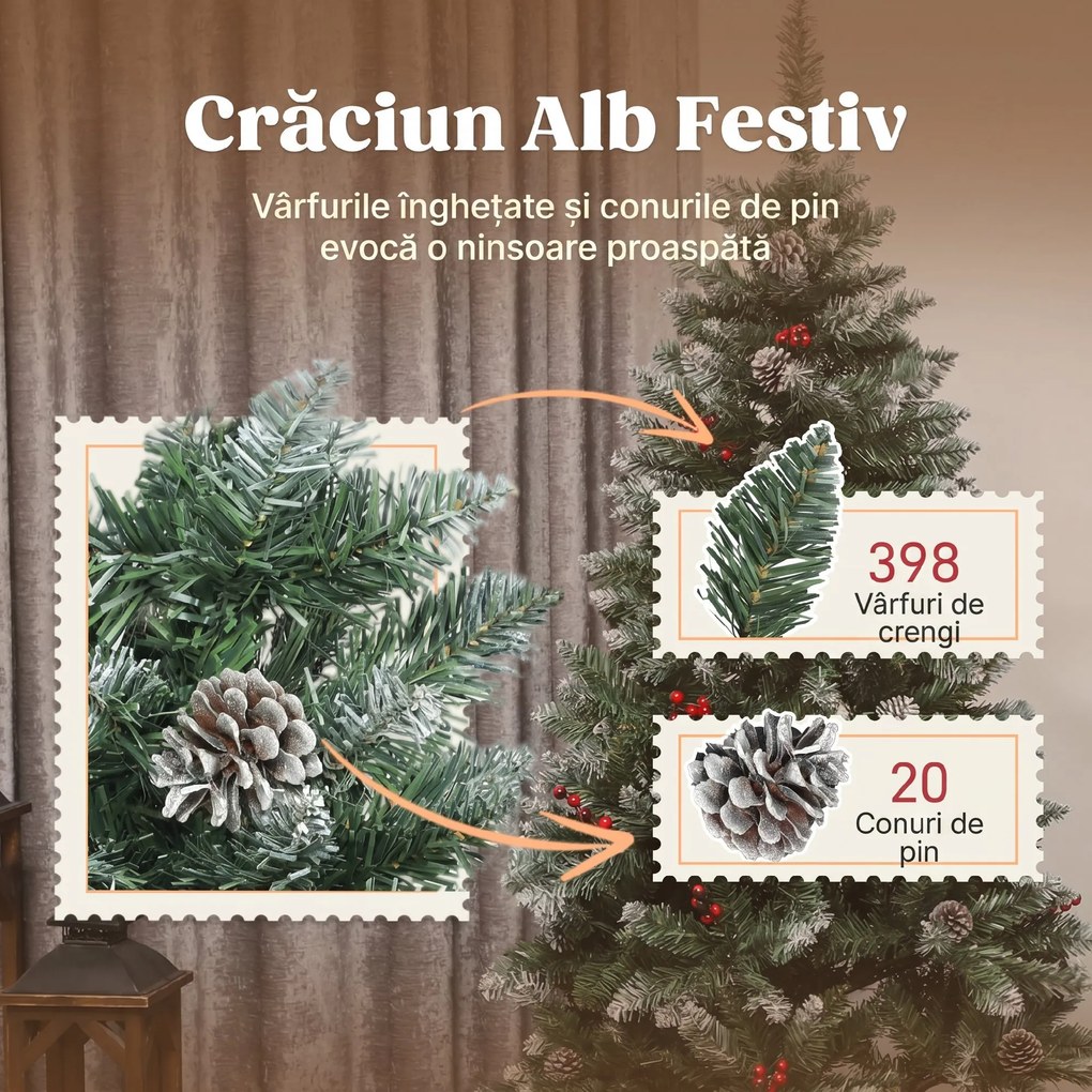 HOMCOM Brad de Crăciun Înnzăpezit Înalt de 150 cm cu 398 Ramuri, Brad Artificial de Interior cu Conuri și Boabe Roșii Decorative, Bază Metalică, Verde | Aosom Romania
