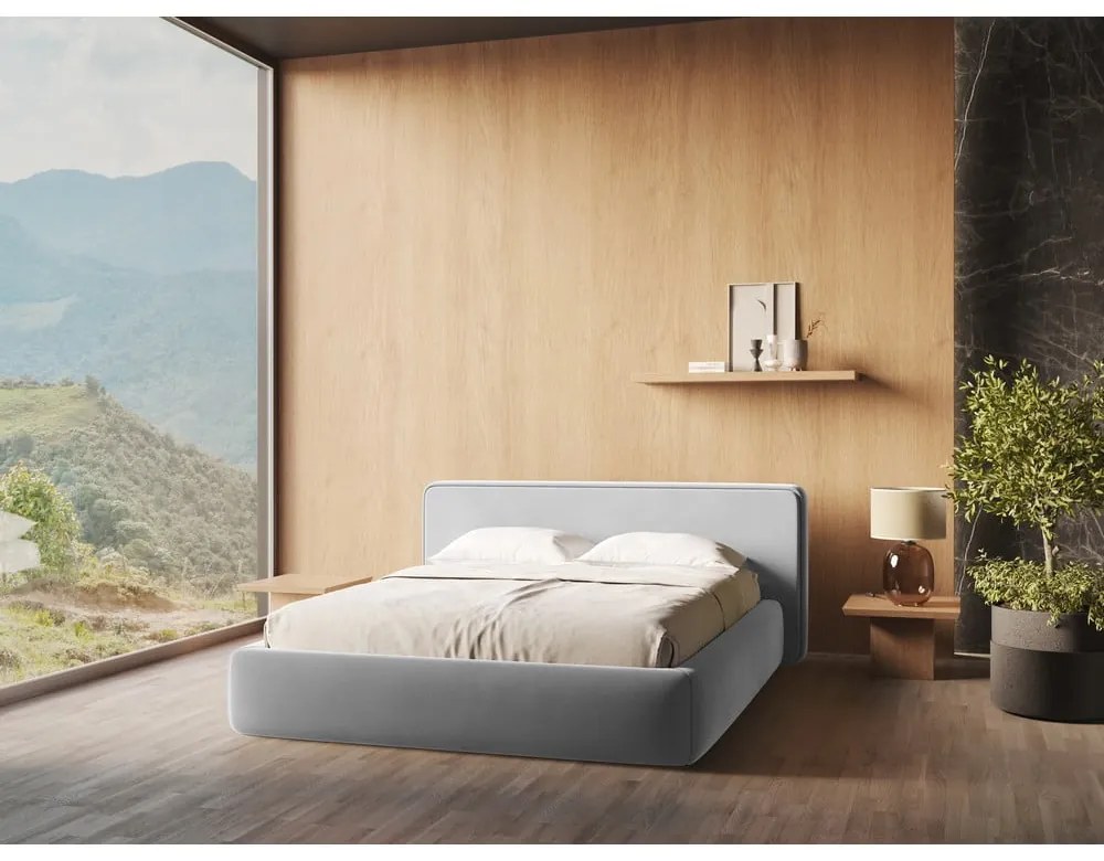 Pat matrimonial gri tapițat cu spațiu de depozitare cu somieră 180x200 cm Kiana – Makamii