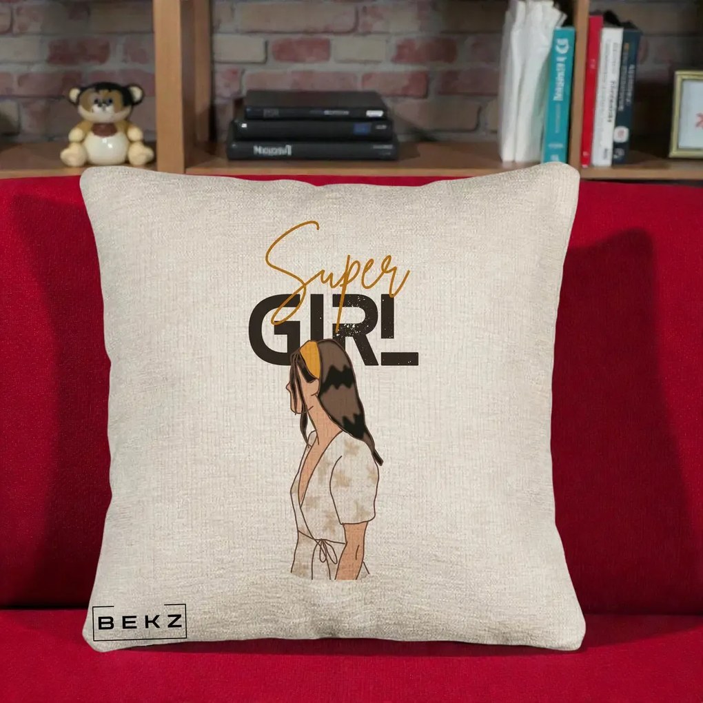 Perna Decorativa Super Girl Aesthetic, 40x40 cm, Bej Canapea, Husa Detasabila, Perna Inclusa, BEKZ®