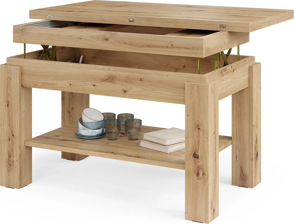 Mazzoni BRAWO Stejar Artisan - MĂSUȚĂ DE CAFEA CU BLAT EXTENSIBIL ȘI RIDICABIL MASĂ CU RAFT