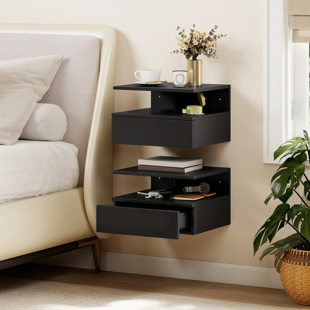 HOMCOM Set de 2 Noptiere Suspendate cu Sertar și Raft Deschis, 35x32x22.5 cm, Negru | Aosom Romania