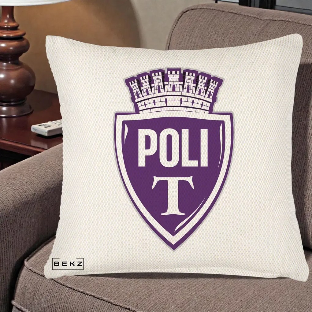 Perna Personalizata Poli Timisoara Fotbal, 40x40 cm, Crem Reliefat, Husa Detasabila, Perna Inclusa, BEKZ®