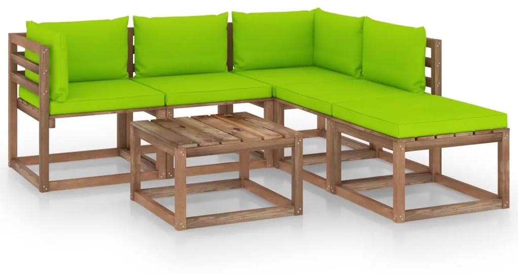 Set mobilier gradina paleti cu perne, 6 piese, lemn pin tratat verde aprins, 2x colt + 2x mijloc + 2x masa, 1