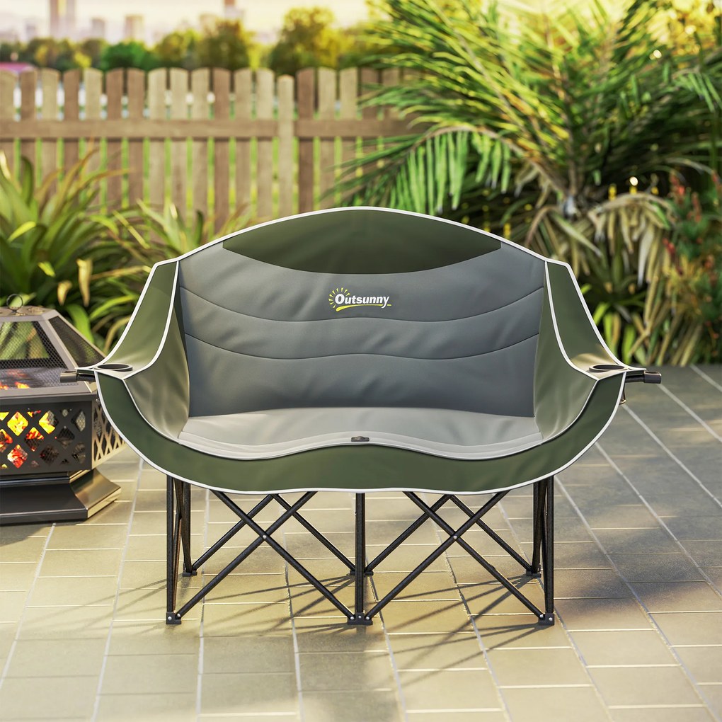 Outsunny Scaun pliabil 2 locuri scaun camping cu suport pentru băuturi geantă de transport până la 250 kg Verde | Aosom Romania