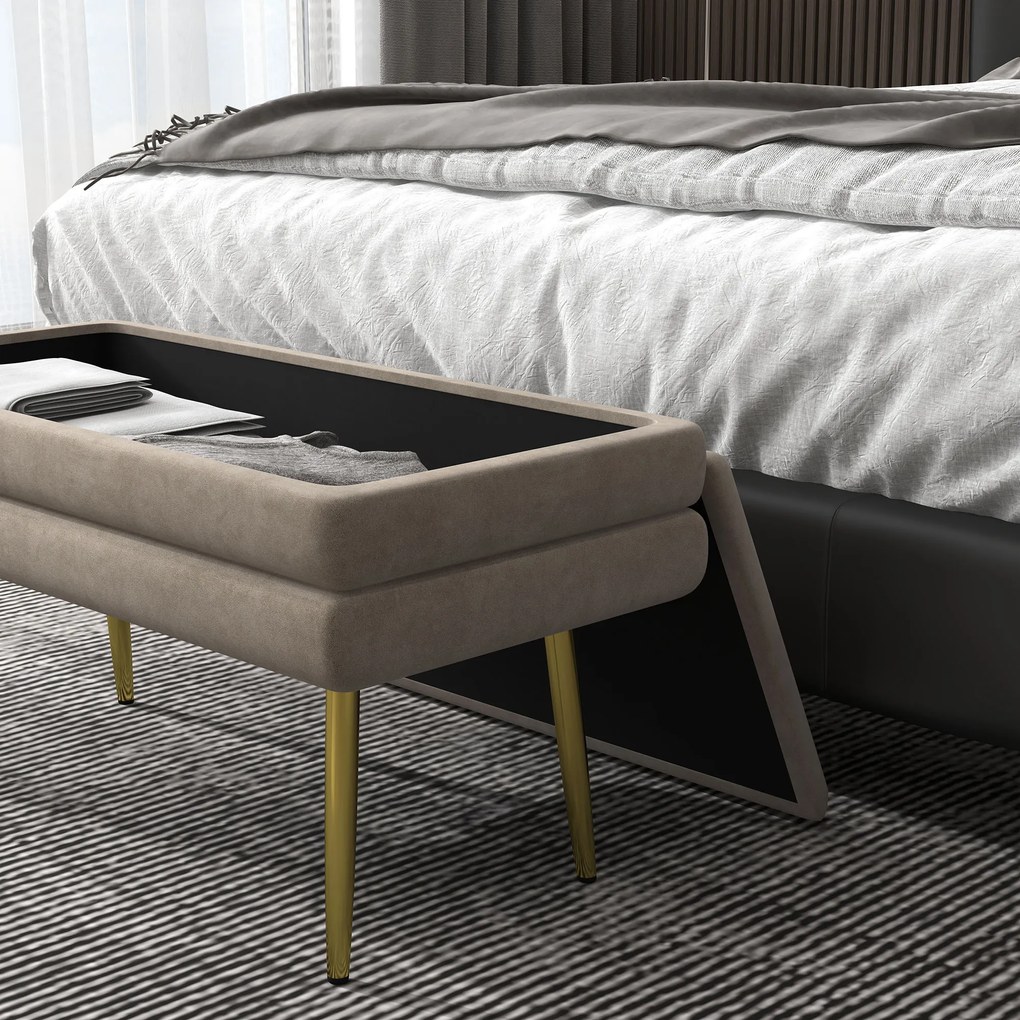 HOMCOM Bancă bancută cu spațiu de depozitare 2 în 1, șezut cu aspect de catifea și picioare din oțel - 79,5L x 37,5P x 43Î cm bej și aurit | Aosom Romania