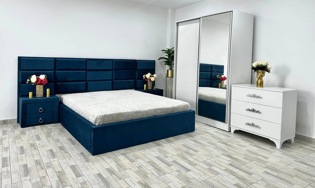 Dormitor complet Roma, culoare albastru / alb, cu pat Roma 160 x 200 cm, dressing Erika, 2 noptiere Roma si comoda Viena