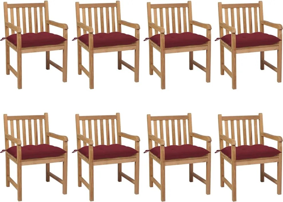 vidaXL Scaune de grădină cu perne roșu vin, 8 buc., lemn masiv de tec