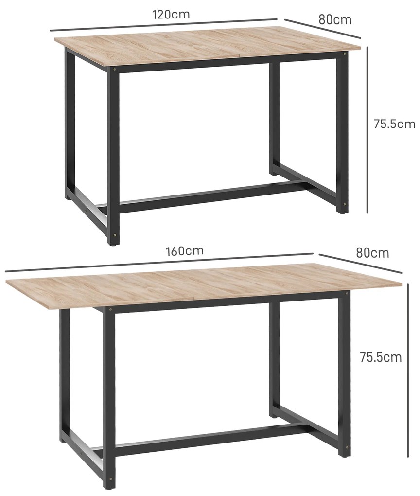 HOMCOM Masă Extensibilă pentru 4-6 Persoane Multifuncțională din Lemn și Oțel, 120-160x80x75,5 cm, Lemn Natural | Aosom Romania