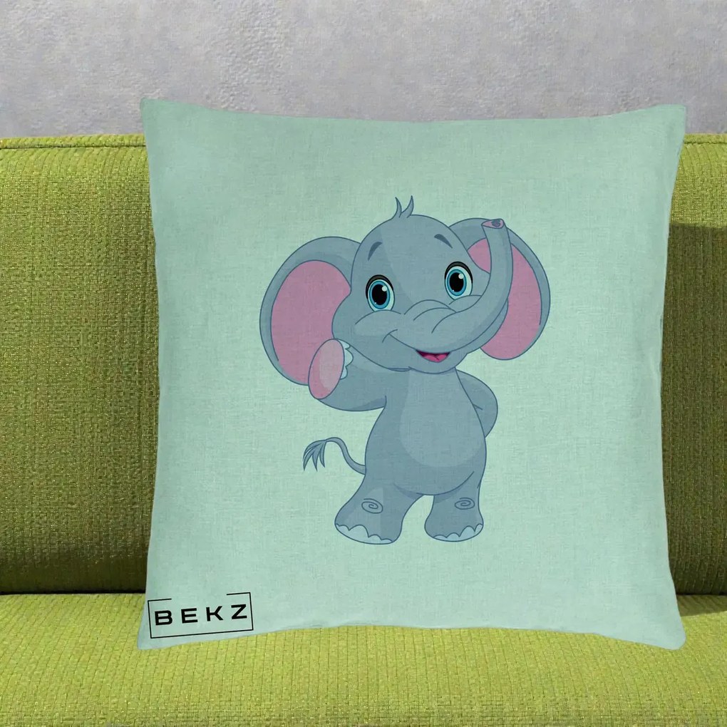Perna Decorativa Pui de Elefant Kawaii, 40x40 cm, Verde Menta, Husa Detasabila, Perna Inclusa, BEKZ®