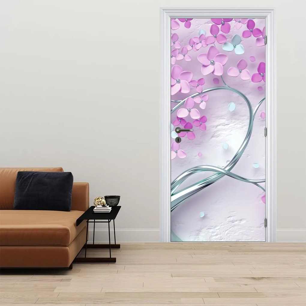Fototapet pentru ușă - Flori pe trunchi arguntiu abstract (95x205cm)