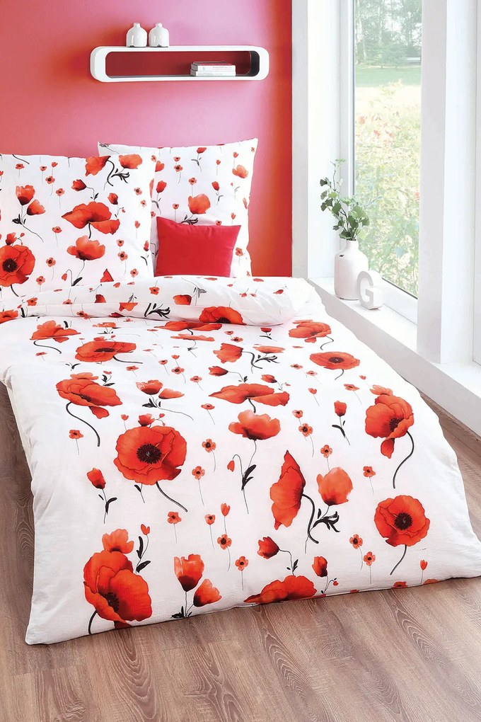Lenjerie de pat creponată Scarlet poppies alb 140x200 cm