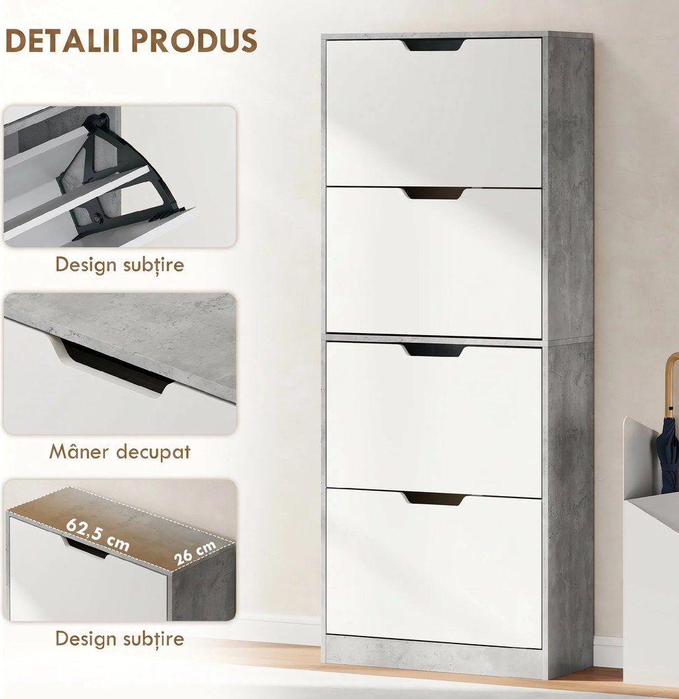 HOMCOM Scarpieră Economisitoare de Spațiu Modernă cu 4 Ante pentru 16 Perechi de Pantofi, 62.5x26x156 cm, Gri Ciment | Aosom Romania