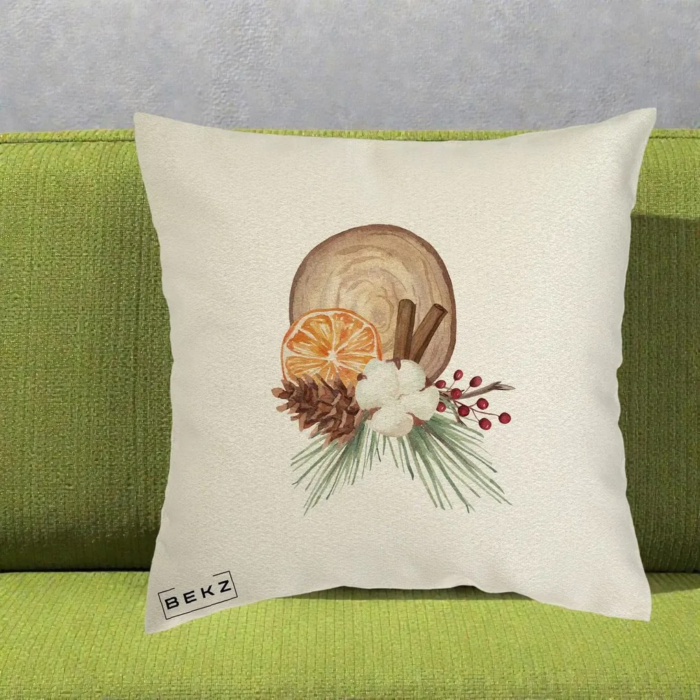 Perna Decorativa Aranjament de Craciun Nordic, 40x40 cm, Ecru, Husa Detasabila, Perna Inclusa, BEKZ®