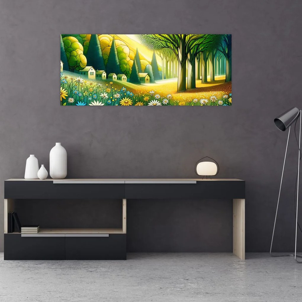 Tablou - Sat în galben-verde (120x50 cm)
