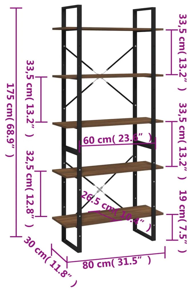 Biblioteca 5 niveluri stejar maro 80x30x175 cm lemn compozit Stejar brun, 80 x 30 x 175 cm