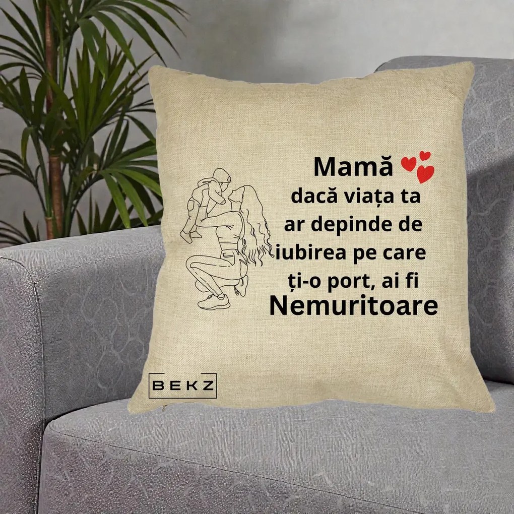 Cadou pentru Mama - Perna Personalizata Mama Nemuritoare Portret Graphic, 40x40 cm, Crem, Husa Detasabila, Perna Inclusa, BEKZ®