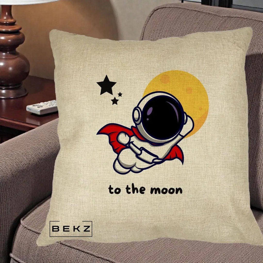 Perna Decorativa Astronaut To The Moon, 40x40 cm, Crem, Husa Detasabila, Perna Inclusa, BEKZ®