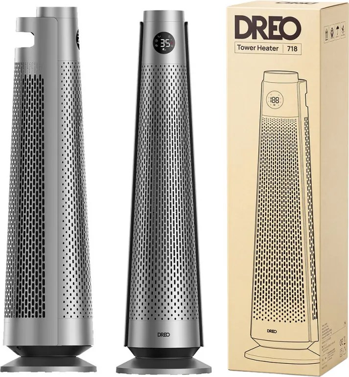 Încălzitor cu ventilator - tip turn DREO Solaris 718, 2000 W, 25 m², PTC, 5-35 °C, 5-35 °C, 9 moduri, oscilație de 120°, protecție în 8 trepte, temporizator, telecomandă, senzor de înclinare, gri/grafit