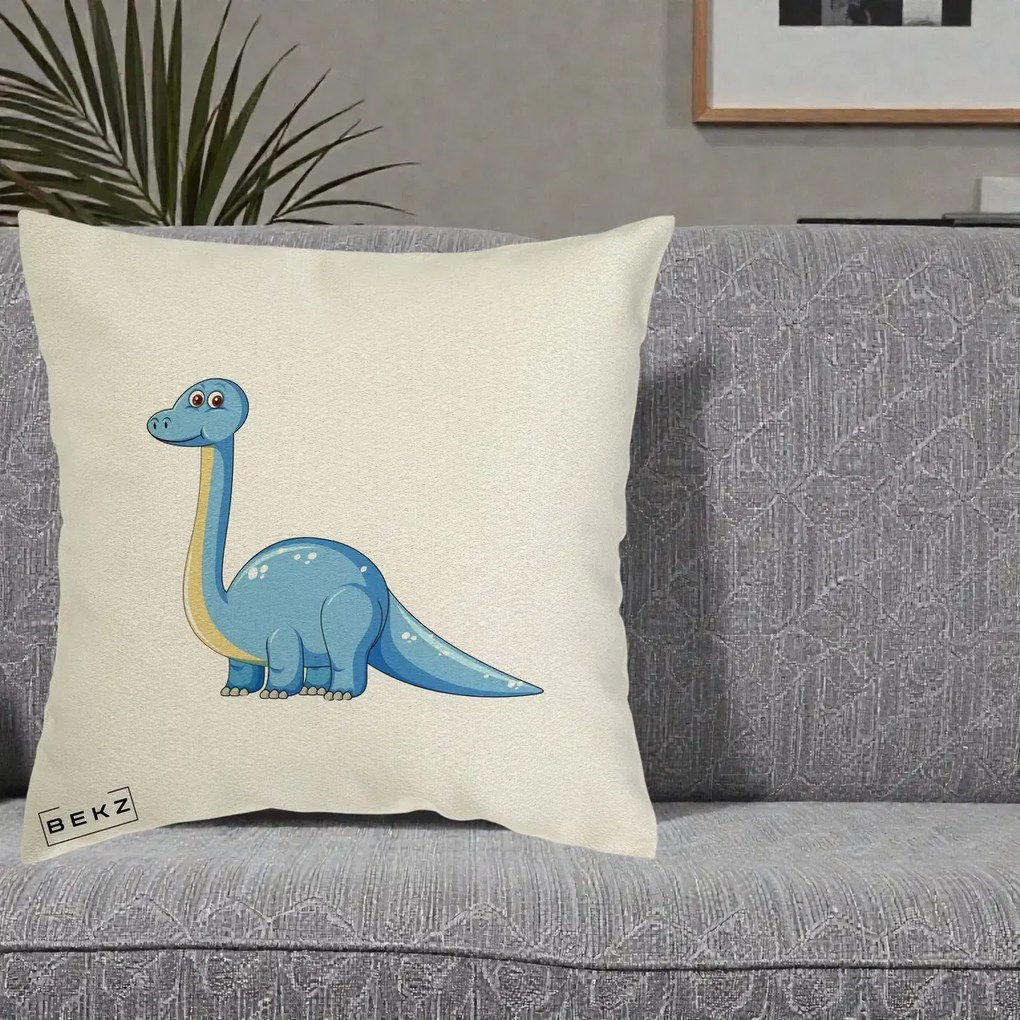 Perna Personalizata Brontosaur Albastru, 40x40 cm, Ecru, Husa Detasabila, Perna Inclusa, BEKZ®