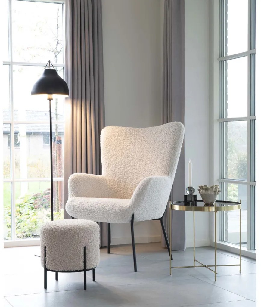 Pouf Alford Piele artificială de miel, alb cu picioare negre, 35,5x37 cm