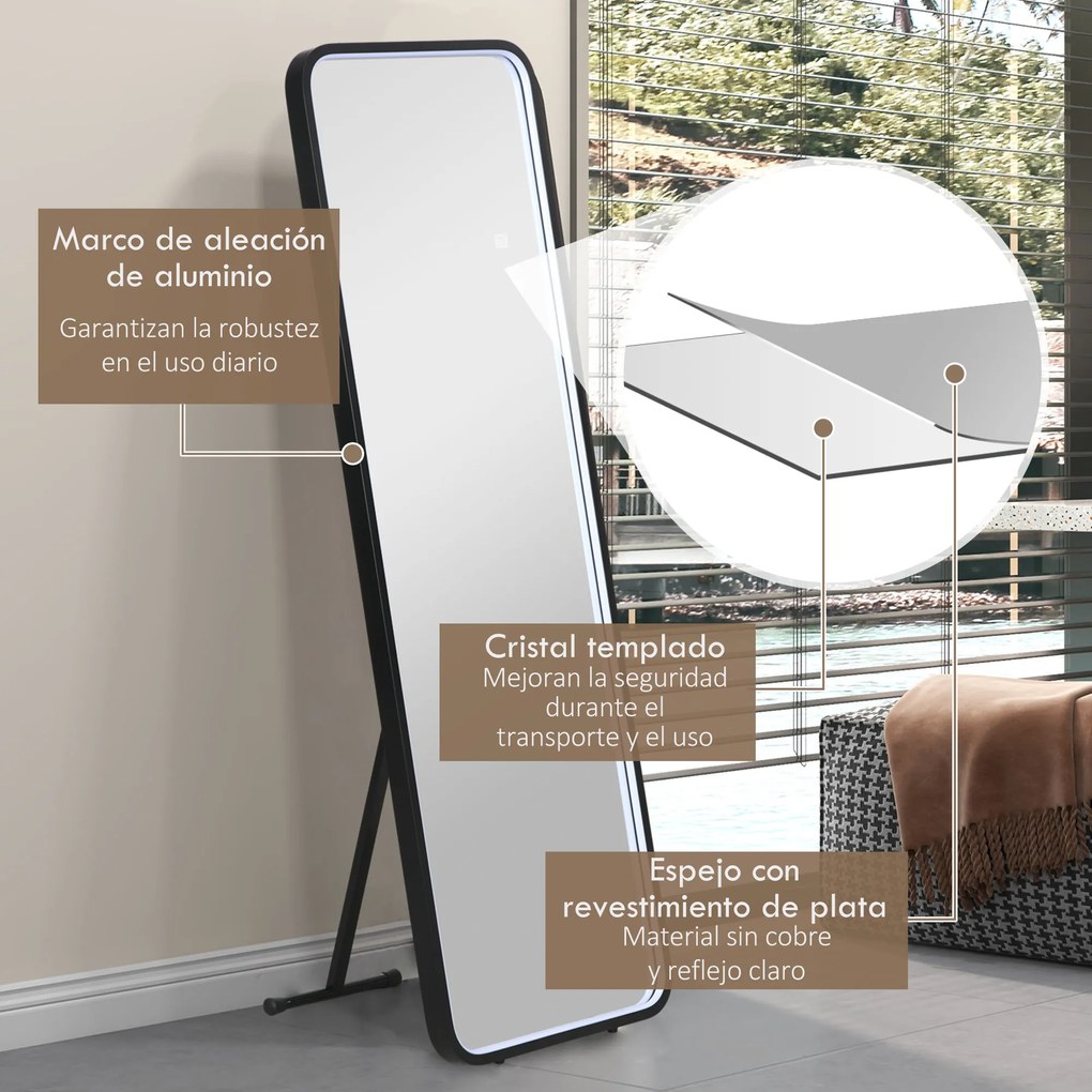 HOMCOM Oglindă corp întreg cu lumină LED Oglindă de podea 151,5x50 cm Independentă sau pentru perete cu lumină reglabilă în 3 culori | Aosom Romania