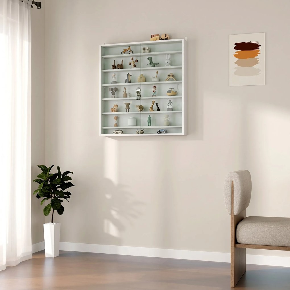 HOMCOM Vitrină pentru obiecte cu 6 rafturi reglabile, din PAL, cu uși din sticlă, 80 x 9,5 x 83 cm, alb | Aosom Romania