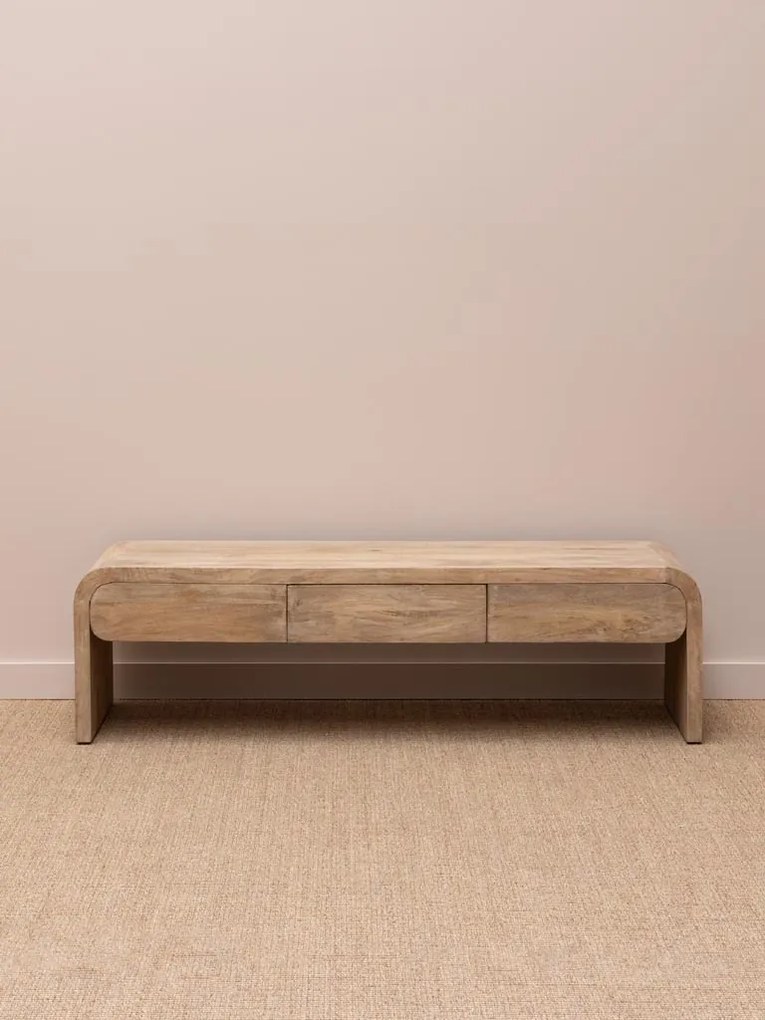 Comodă TV living din lemn de mango, natur, cu 3 sertare și laterale rotunjite în cascadă, 45,5 x 160,5 x 45,5 cm, „Losail”