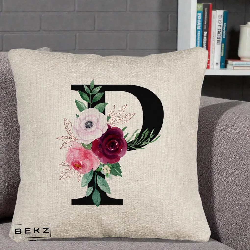 Cadou Personalizat - Perna Personalizata Monograma Florala Litera P, 40x40 cm, Bej Canapea, Husa Detasabila, Perna Inclusa, BEKZ®